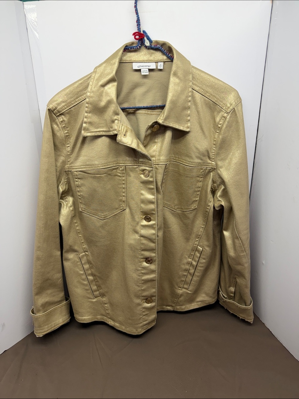 Chico's Metallic Gold Button-Front Corduroy Style TypeJacket